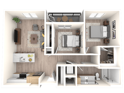 Floor plan for 2 beds, 1 bath, 895 sqft
